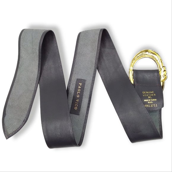 Vintage 80s Paolo Vico Gray Leather Belt Size M/L Gold Buckle Oval Adjustable